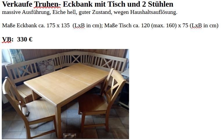 Truhen- Eckbank, Tisch und 2 Stühle in Eiche massiv